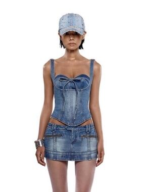 Blue Denim Corset Top and Mini Skirt Set - Unbranded
